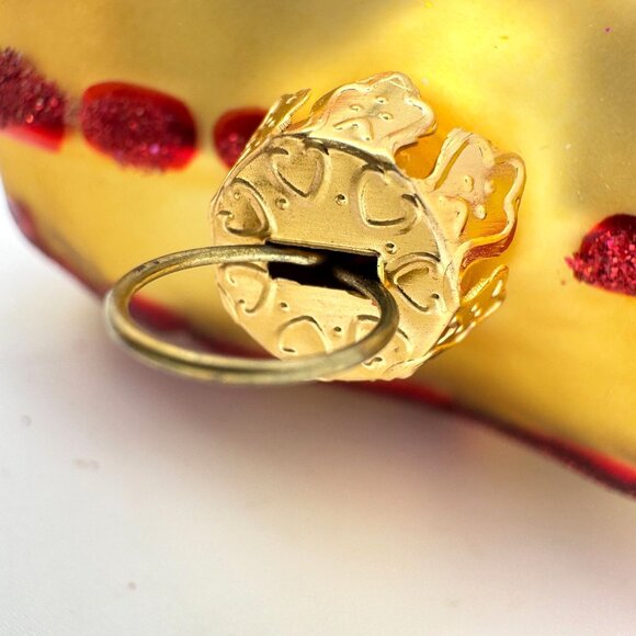 Handcrafted Heart-Shaped Glass Ornament Red Rose Floral Gold Base Red Glitter 4" - Picture 6 of 9